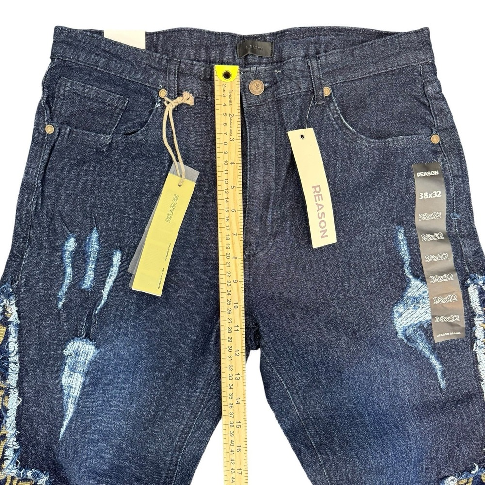 NEW REASON BRAND Men 38x32 Dark Wash Skinny Jeans Baroque Side Panel Distressed - Picture 4 of 13